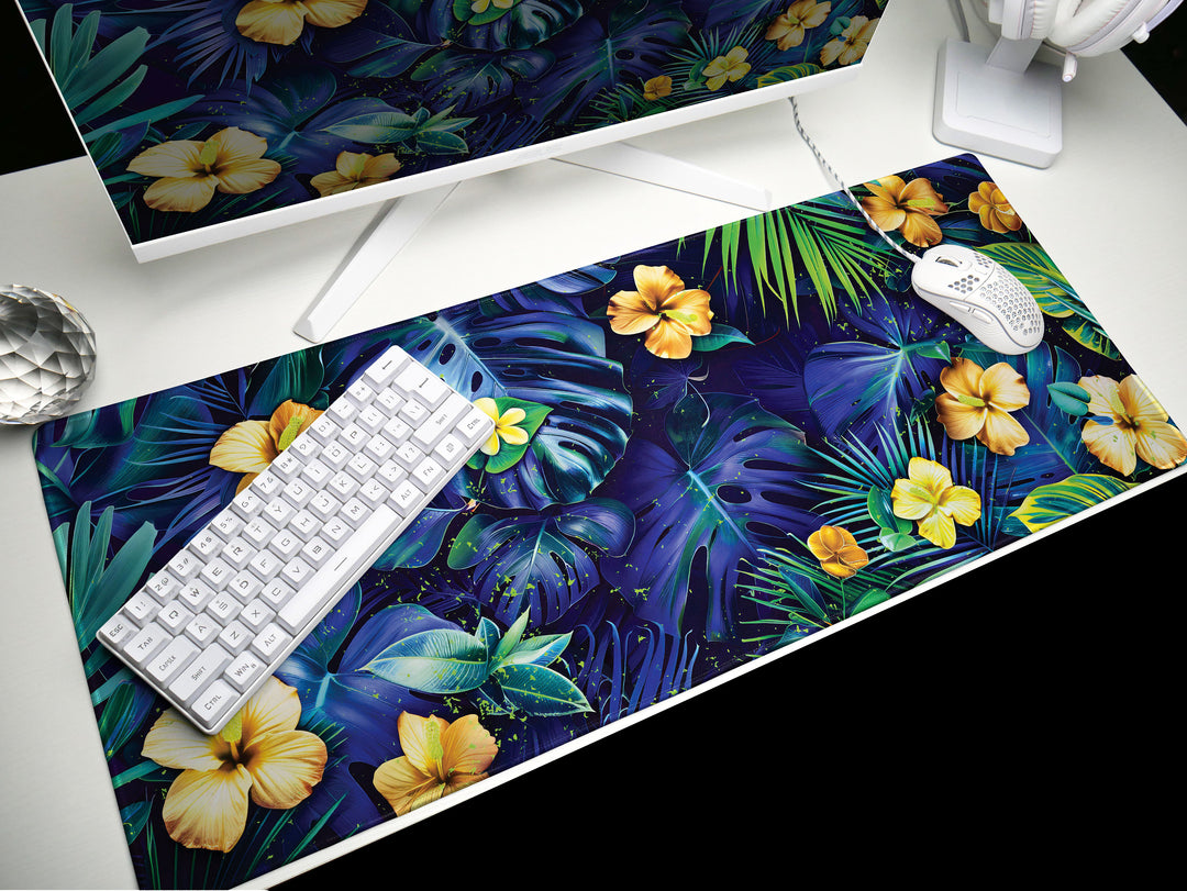 Tropical Escape Design 1, Desk Pad, Vivid Jungle Flora, Exotic Desk Mat, Blossoming Work Space