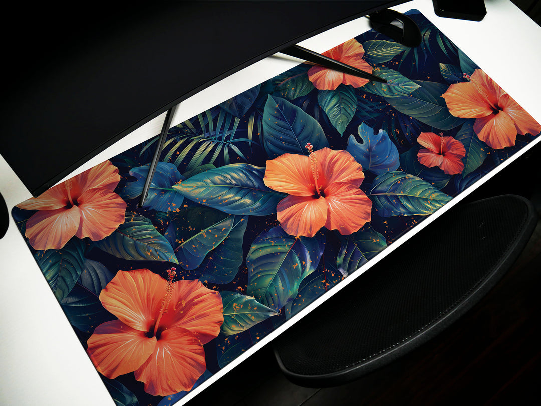 Tropical Escape Design 2, Desk Pad, Radiant Hibiscus Bloom, Exquisite Desk Mat, Lush Foliage Elegance