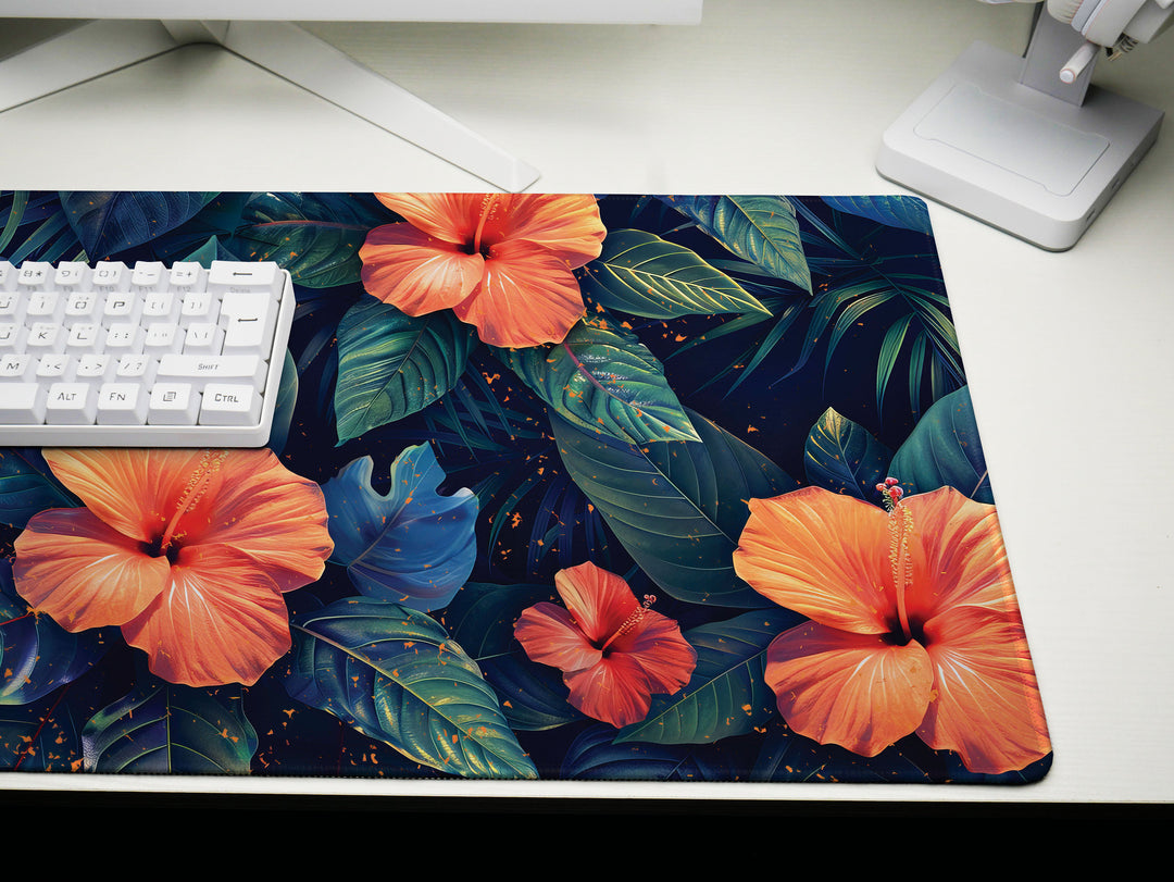 Tropical Escape Design 2, Desk Pad, Radiant Hibiscus Bloom, Exquisite Desk Mat, Lush Foliage Elegance