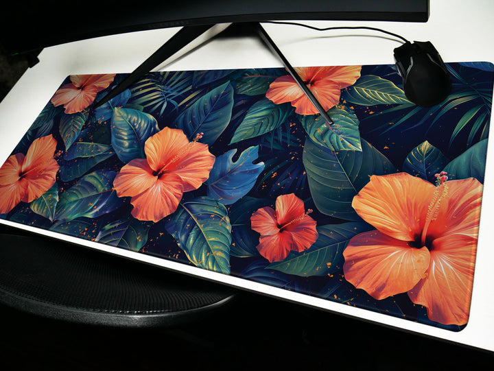 Tropical Escape Design 2, Desk Pad, Radiant Hibiscus Bloom, Exquisite Desk Mat, Lush Foliage Elegance