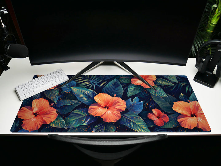 Tropical Escape Design 2, Desk Pad, Radiant Hibiscus Bloom, Exquisite Desk Mat, Lush Foliage Elegance