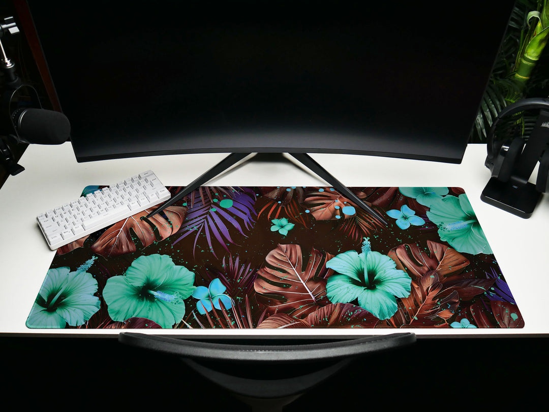 Tropical Escape Design 5, Desk Pad, Enchanted Hibiscus Haven, Serene Desk Accessory, Botanical Elegance