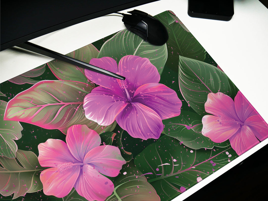 Tropical Escape Design 6, Desk Pad, Lush Magenta Blossom, Elegant Desk Topper, Botanic Artistry