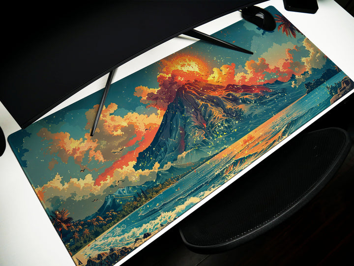 Volcanic View Design 1, Desk Pad, Dynamic Eruption Scene, Panoramic Desk Art, Explosive Ambience