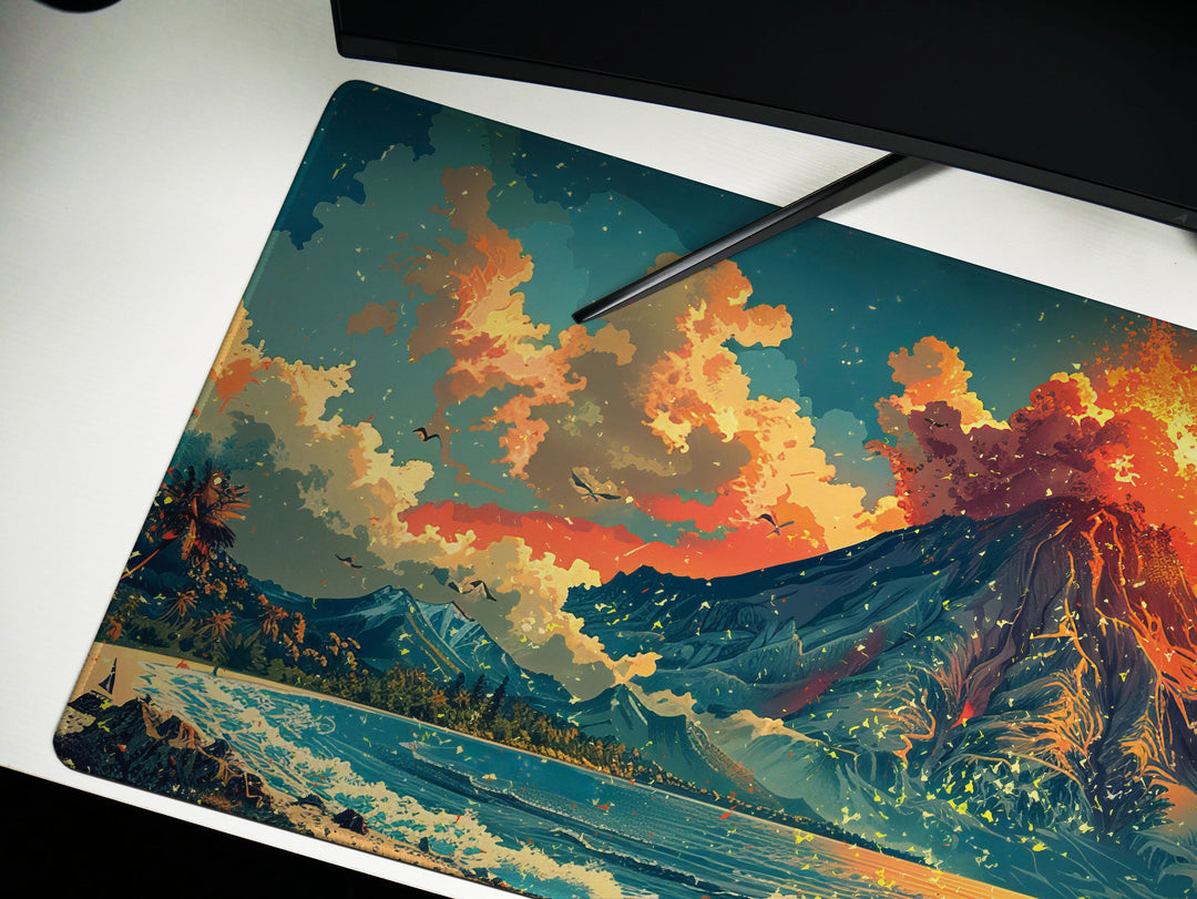 Volcanic View Design 1, Desk Pad, Dynamic Eruption Scene, Panoramic Desk Art, Explosive Ambience