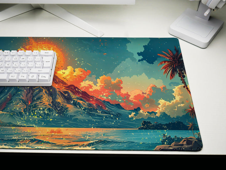 Volcanic View Design 1, Desk Pad, Dynamic Eruption Scene, Panoramic Desk Art, Explosive Ambience