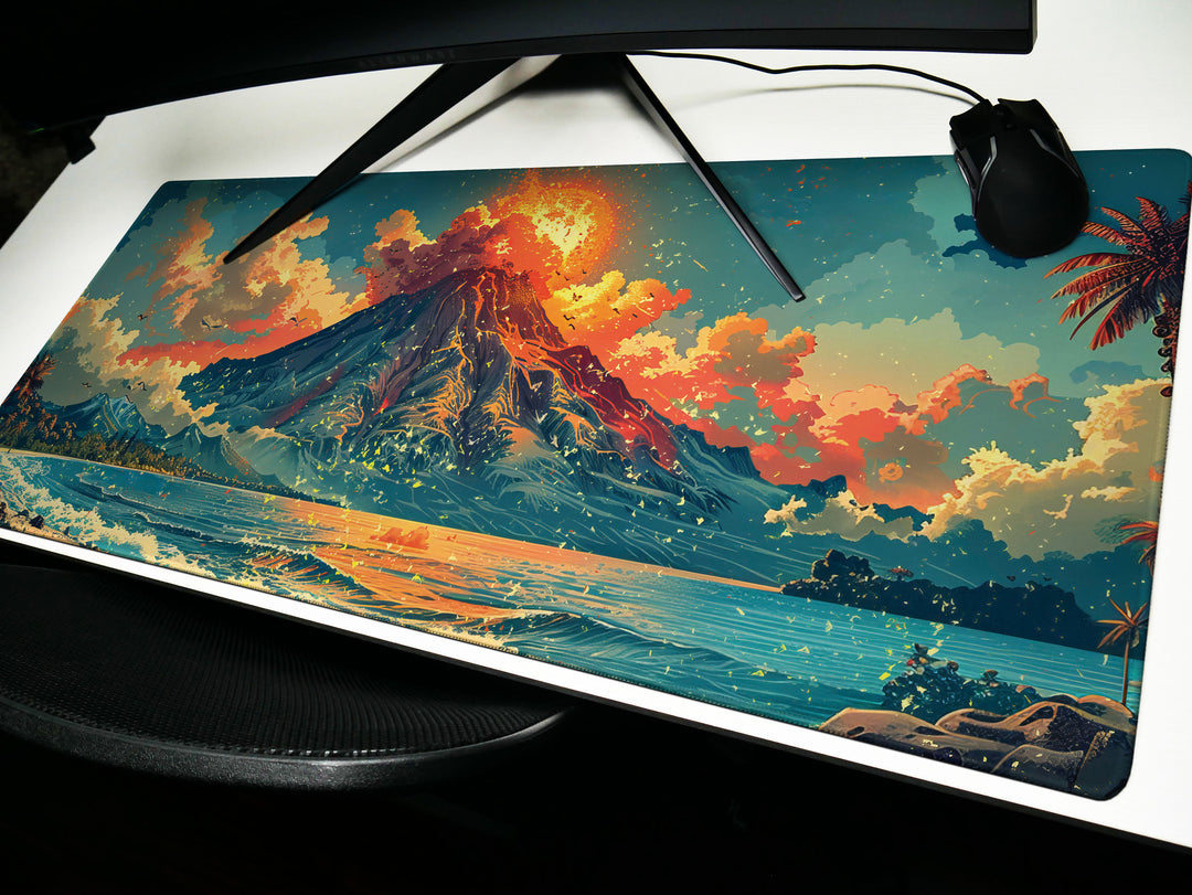 Volcanic View Design 1, Desk Pad, Dynamic Eruption Scene, Panoramic Desk Art, Explosive Ambience