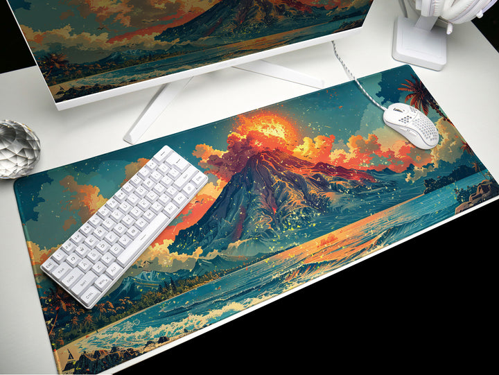 Volcanic View Design 1, Desk Pad, Dynamic Eruption Scene, Panoramic Desk Art, Explosive Ambience