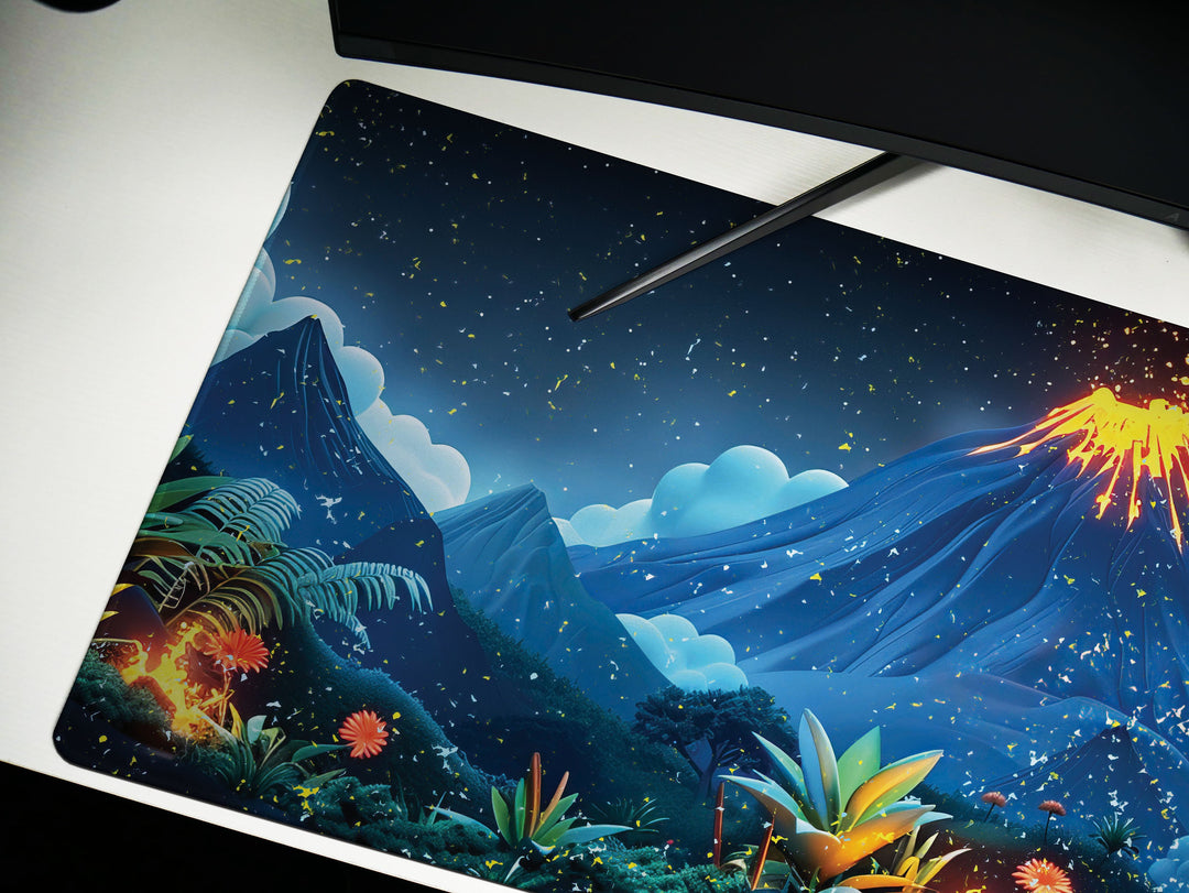 Volcanic View Design 2, Desk Pad, Serene Nighttime Eruption, Starlit Desk Landscape, Luminous Creativity