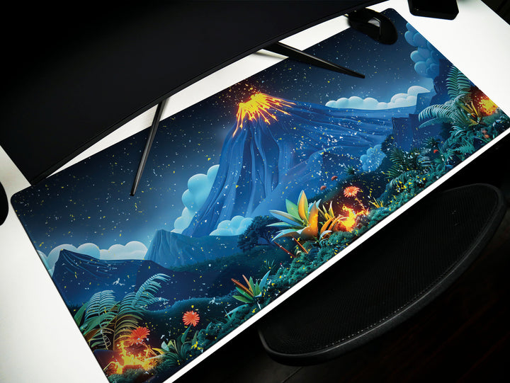 Volcanic View Design 2, Desk Pad, Serene Nighttime Eruption, Starlit Desk Landscape, Luminous Creativity