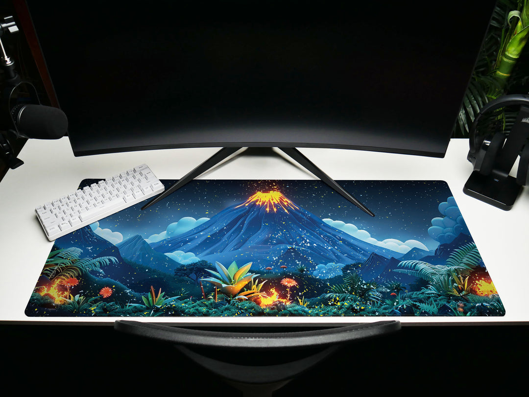 Volcanic View Design 2, Desk Pad, Serene Nighttime Eruption, Starlit Desk Landscape, Luminous Creativity