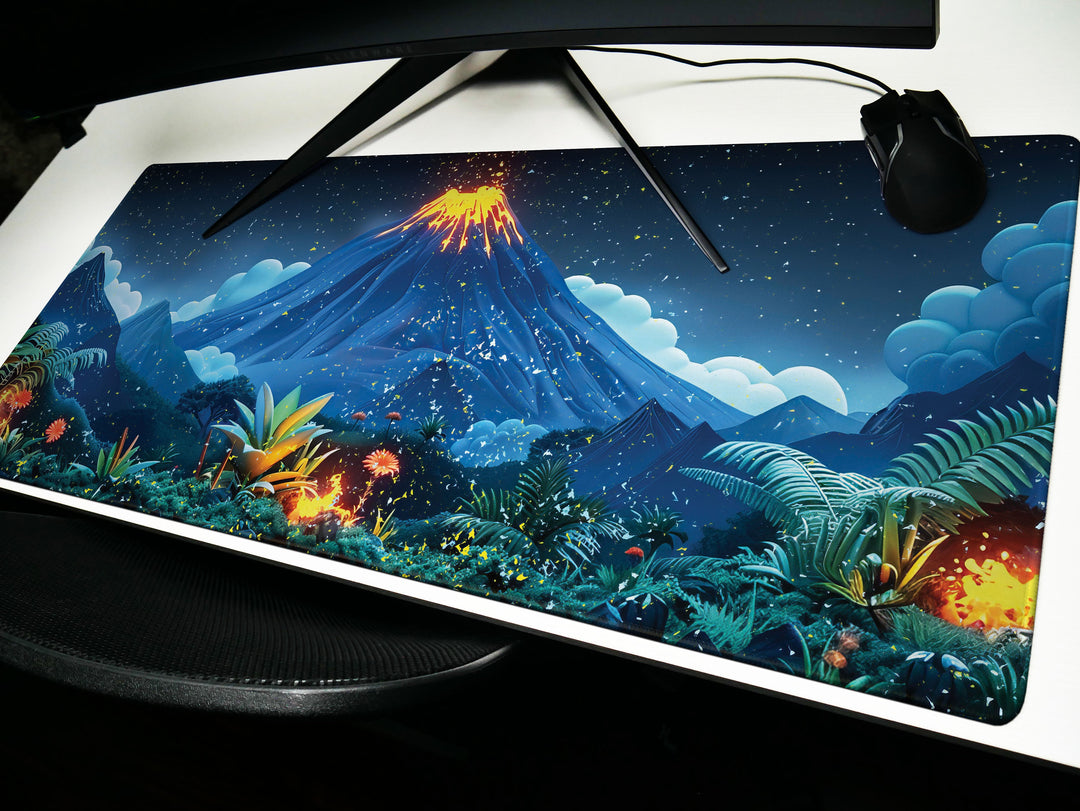 Volcanic View Design 2, Desk Pad, Serene Nighttime Eruption, Starlit Desk Landscape, Luminous Creativity