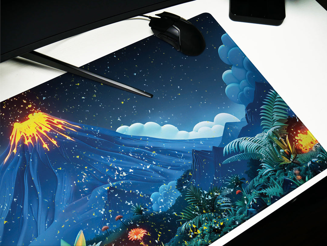 Volcanic View Design 2, Desk Pad, Serene Nighttime Eruption, Starlit Desk Landscape, Luminous Creativity