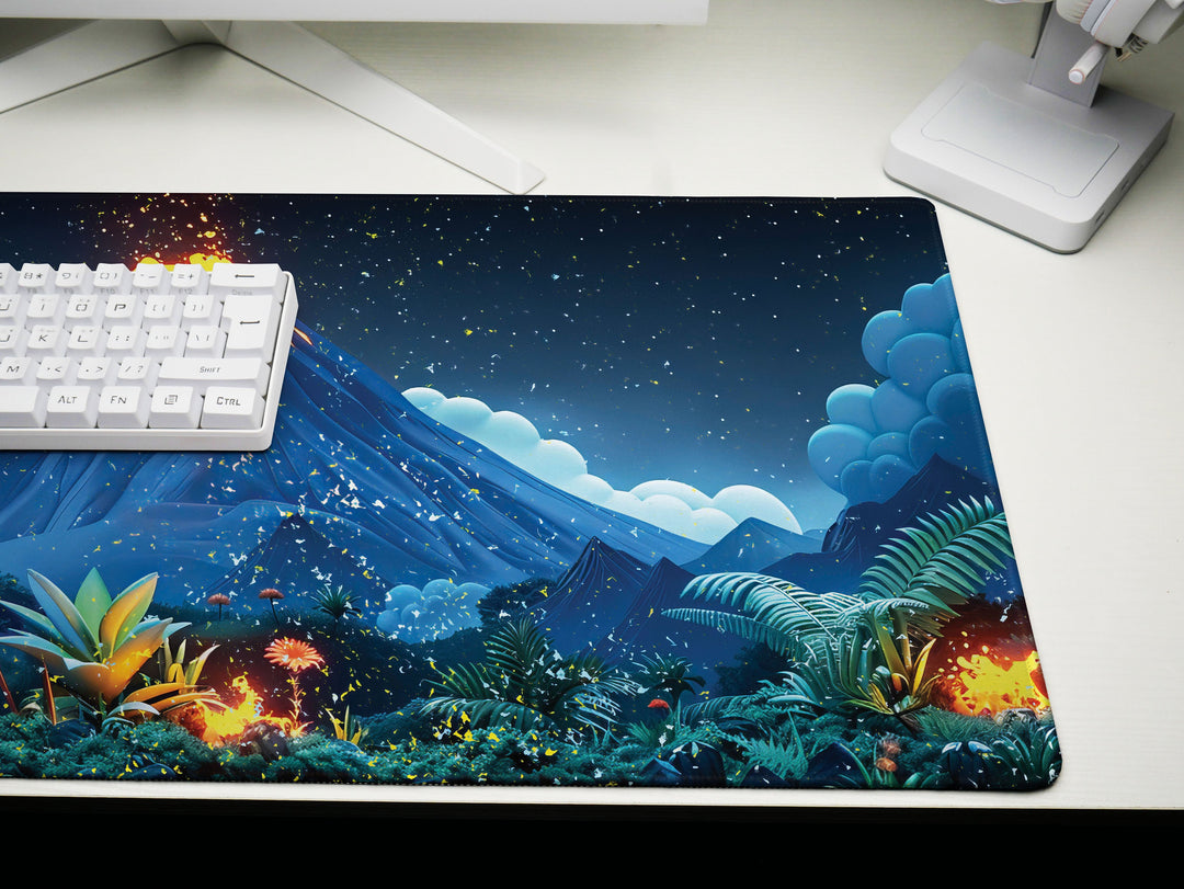 Volcanic View Design 2, Desk Pad, Serene Nighttime Eruption, Starlit Desk Landscape, Luminous Creativity