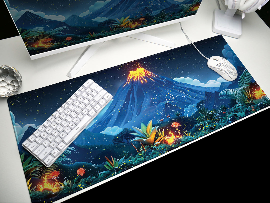 Volcanic View Design 2, Desk Pad, Serene Nighttime Eruption, Starlit Desk Landscape, Luminous Creativity