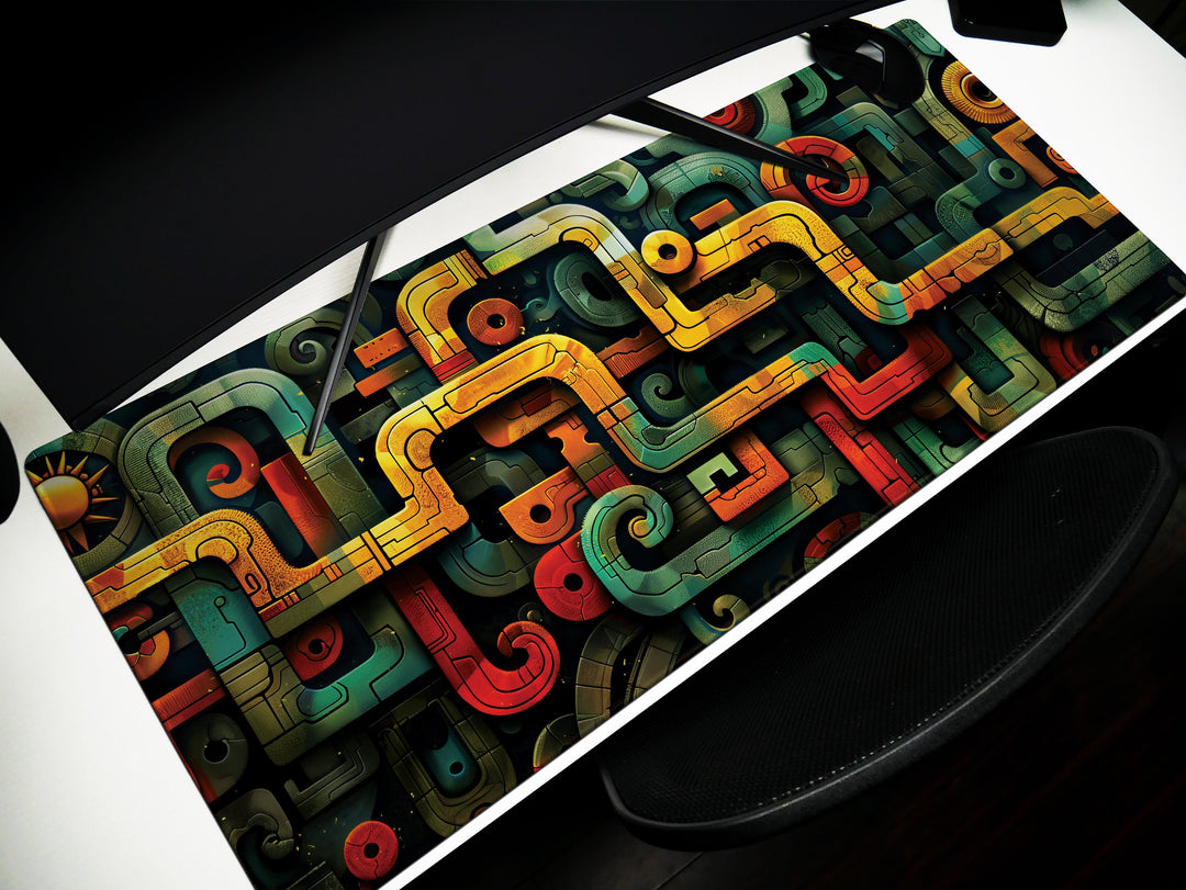 Spiral Genesis Design 3, Desk Pad, Mouse Pad, Desk Mat, Complex Abstract, Turquoise Highlights, Golden Accents