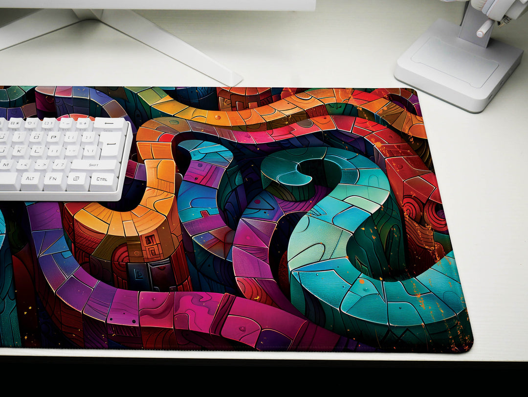 Spiral Genesis Design 4, Desk Pad, Mouse Pad, Desk Mat, Geometric Precision, Mechanical Aesthetics, Cool Tones