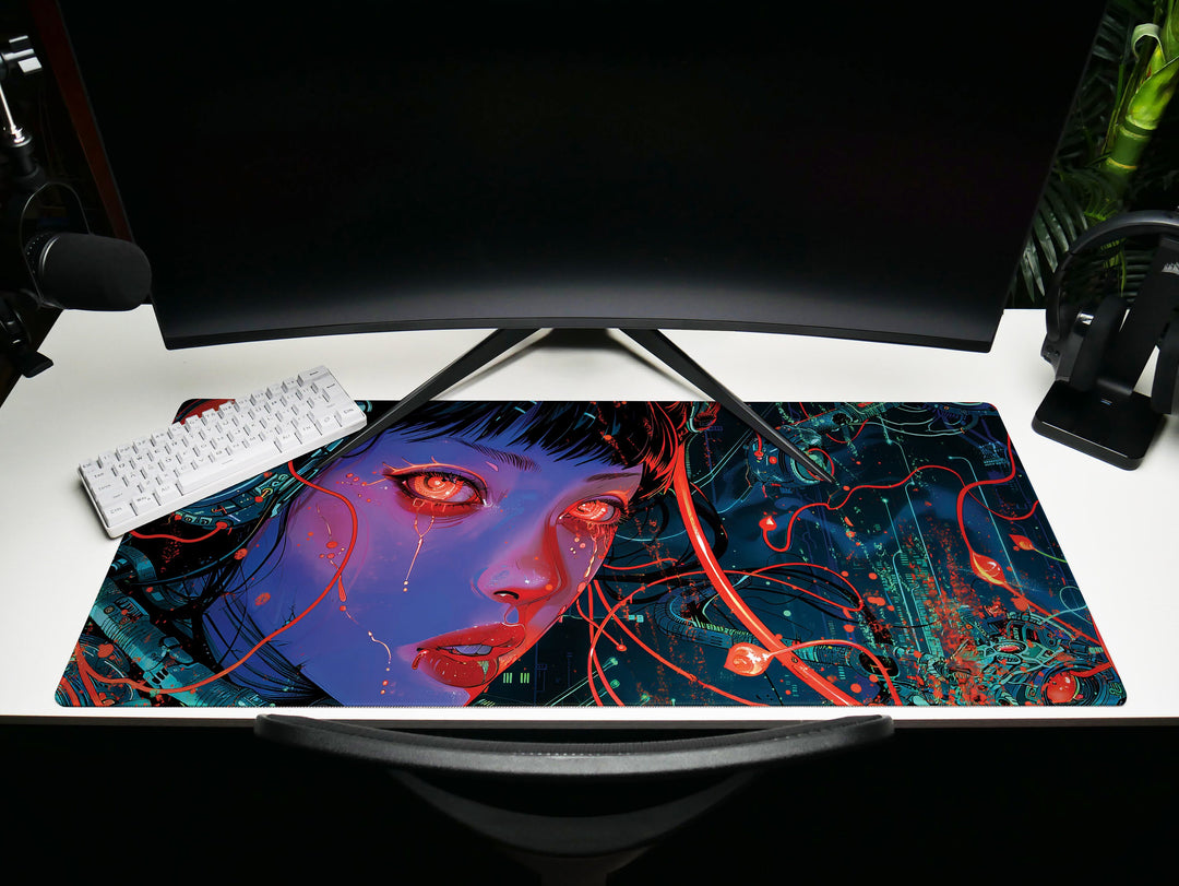 Cybernetic Reverie Design 1, Desk Pad, Mouse Pad, Desk Mat, Vivid Cybernetic Imprints, Enigmatic Aura