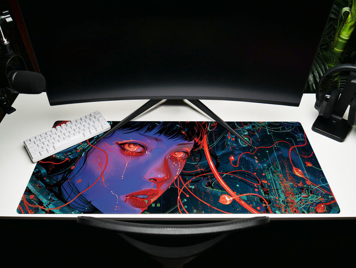 Cybernetic Reverie Design 1, Desk Pad, Mouse Pad, Desk Mat, Vivid Cybernetic Imprints, Enigmatic Aura
