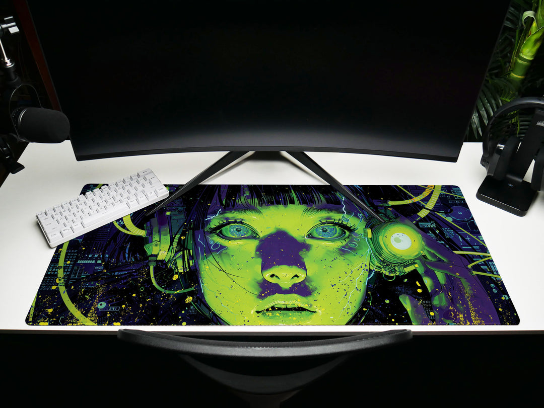 Cybernetic Reverie Design 2, Desk Pad, Mouse Pad, Desk Mat, Neon Contrast, Futuristic Visions