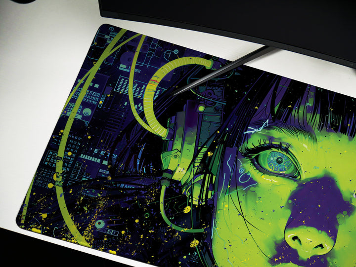 Cybernetic Reverie Design 2, Desk Pad, Mouse Pad, Desk Mat, Neon Contrast, Futuristic Visions