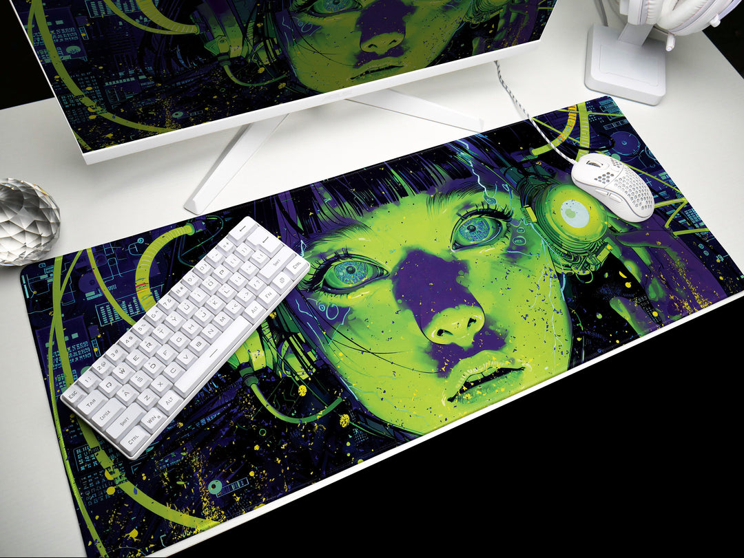 Cybernetic Reverie Design 2, Desk Pad, Mouse Pad, Desk Mat, Neon Contrast, Futuristic Visions