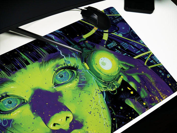 Cybernetic Reverie Design 2, Desk Pad, Mouse Pad, Desk Mat, Neon Contrast, Futuristic Visions