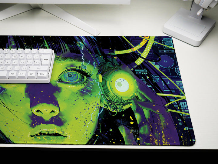 Cybernetic Reverie Design 2, Desk Pad, Mouse Pad, Desk Mat, Neon Contrast, Futuristic Visions