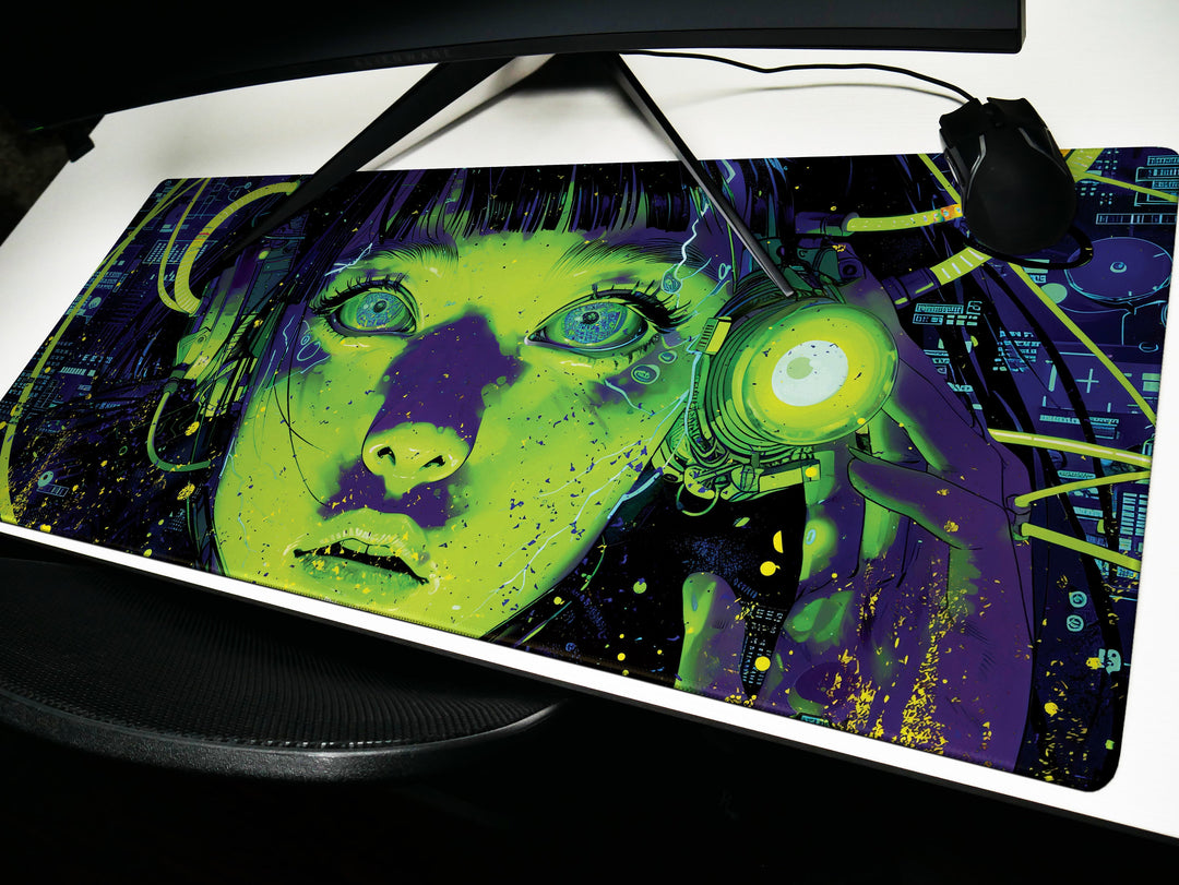 Cybernetic Reverie Design 2, Desk Pad, Mouse Pad, Desk Mat, Neon Contrast, Futuristic Visions