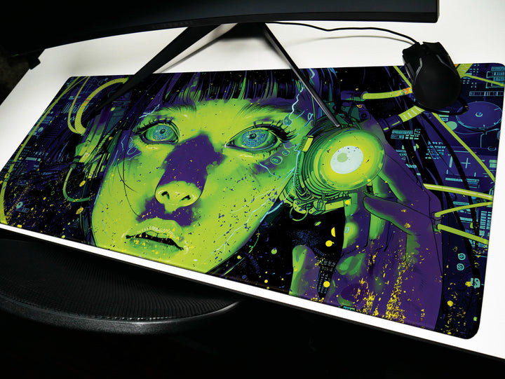 Cybernetic Reverie Design 2, Desk Pad, Mouse Pad, Desk Mat, Neon Contrast, Futuristic Visions