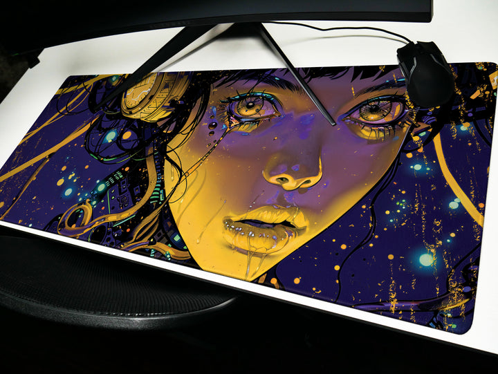 Cybernetic Reverie Design 3, Desk Pad, Mouse Pad, Desk Mat, Golden Circuits, Night Vision