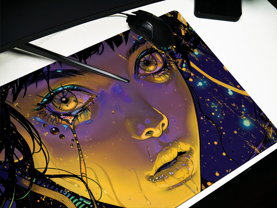 Cybernetic Reverie Design 3, Desk Pad, Mouse Pad, Desk Mat, Golden Circuits, Night Vision