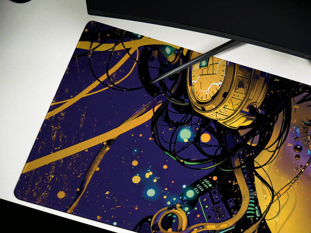 Cybernetic Reverie Design 3, Desk Pad, Mouse Pad, Desk Mat, Golden Circuits, Night Vision