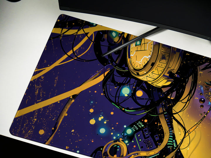 Cybernetic Reverie Design 3, Desk Pad, Mouse Pad, Desk Mat, Golden Circuits, Night Vision