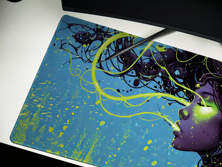 Cybernetic Reverie Design 5, Desk Pad, Mouse Pad, Desk Mat, Luminous Intrigue, Green Cyberworld