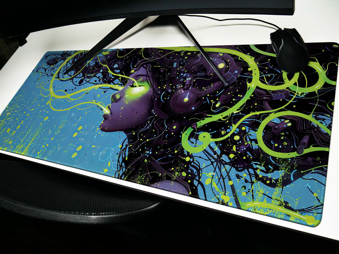 Cybernetic Reverie Design 5, Desk Pad, Mouse Pad, Desk Mat, Luminous Intrigue, Green Cyberworld