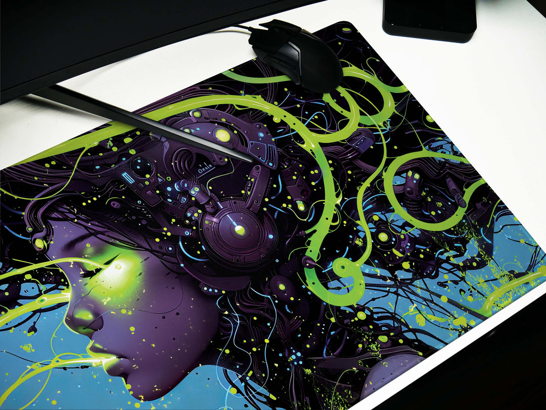 Cybernetic Reverie Design 5, Desk Pad, Mouse Pad, Desk Mat, Luminous Intrigue, Green Cyberworld