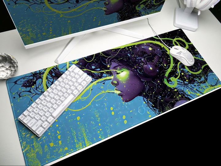 Cybernetic Reverie Design 5, Desk Pad, Mouse Pad, Desk Mat, Luminous Intrigue, Green Cyberworld