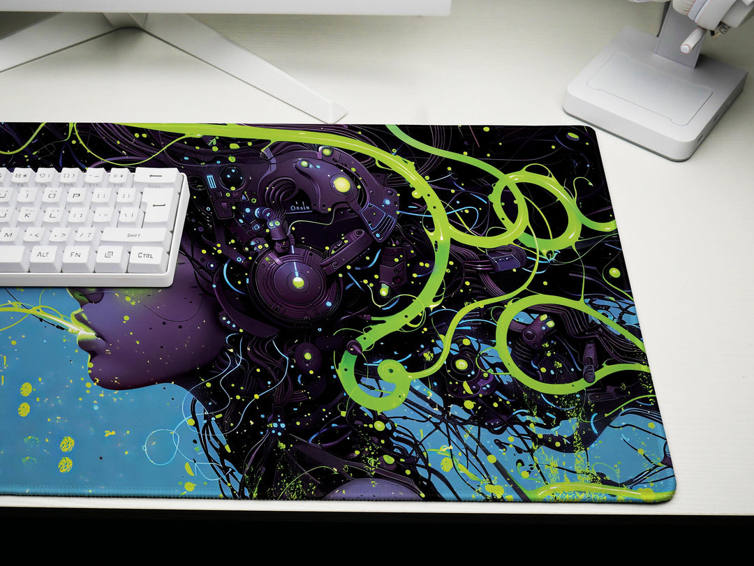 Cybernetic Reverie Design 5, Desk Pad, Mouse Pad, Desk Mat, Luminous Intrigue, Green Cyberworld