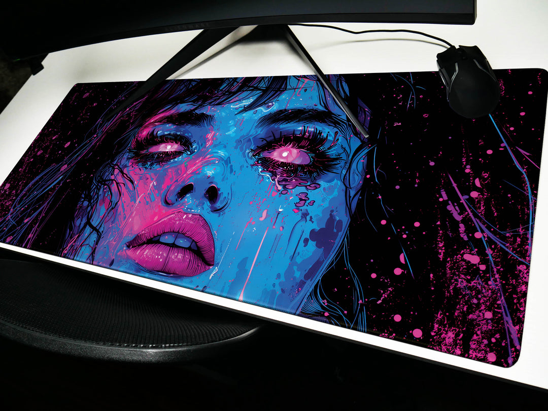 Cybernetic Reverie Design 6, Desk Pad, Mouse Pad, Desk Mat, Midnight Cyber, Pink Neon Flare