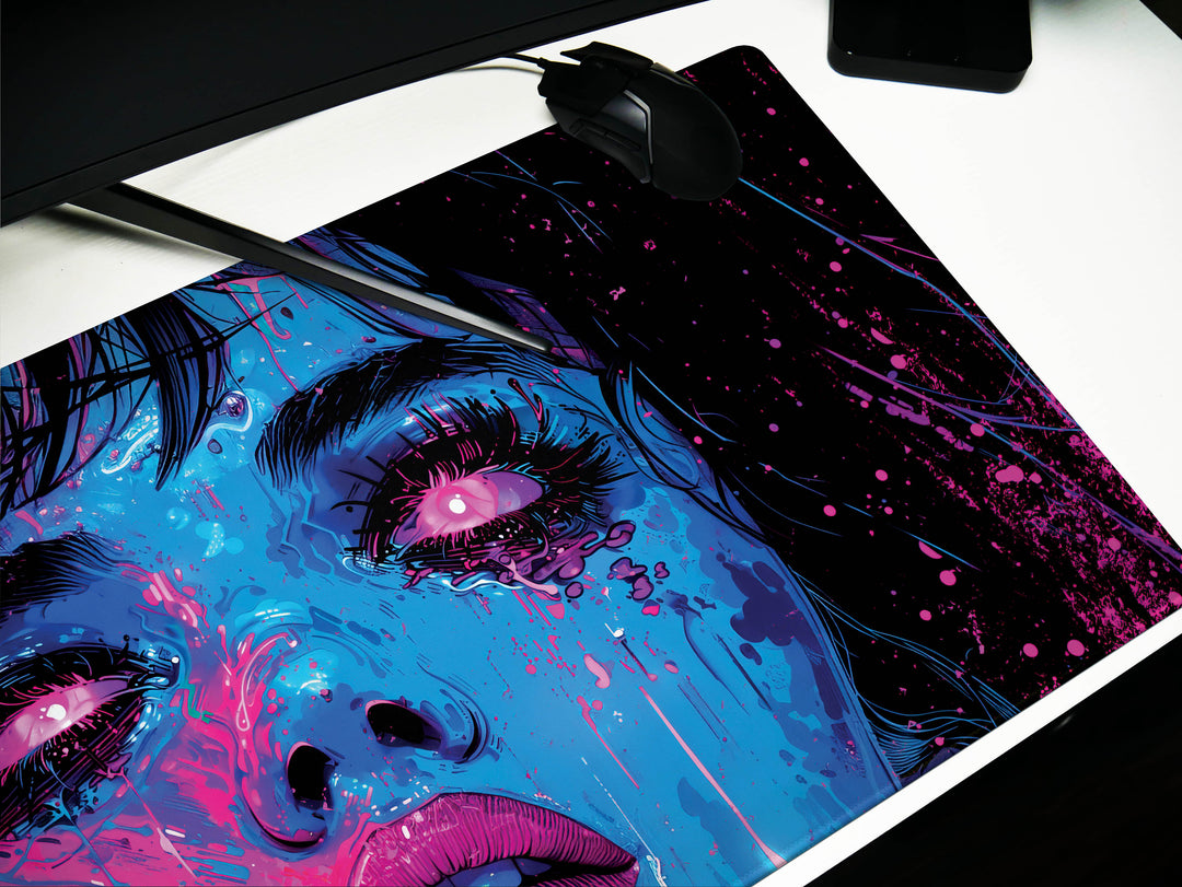 Cybernetic Reverie Design 6, Desk Pad, Mouse Pad, Desk Mat, Midnight Cyber, Pink Neon Flare