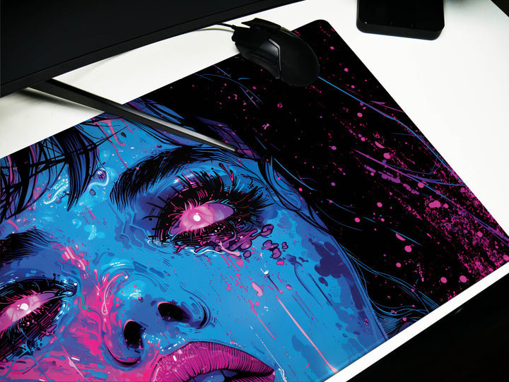 Cybernetic Reverie Design 6, Desk Pad, Mouse Pad, Desk Mat, Midnight Cyber, Pink Neon Flare