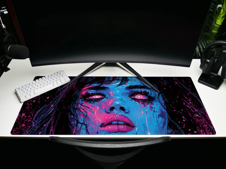 Cybernetic Reverie Design 6, Desk Pad, Mouse Pad, Desk Mat, Midnight Cyber, Pink Neon Flare