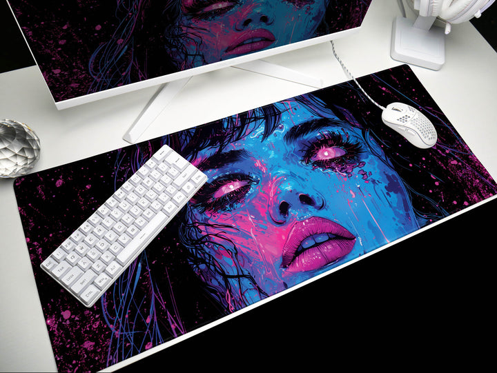 Cybernetic Reverie Design 6, Desk Pad, Mouse Pad, Desk Mat, Midnight Cyber, Pink Neon Flare
