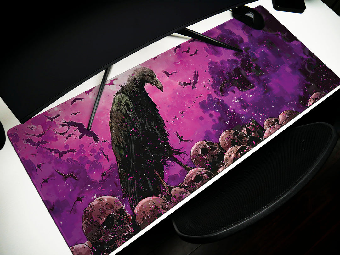 Violet Vanguard Design 1, Desk Pad, Majestic Vulture Amidst Skulls, Enigmatic Purple Atmosphere, Gamer's Battle Mat