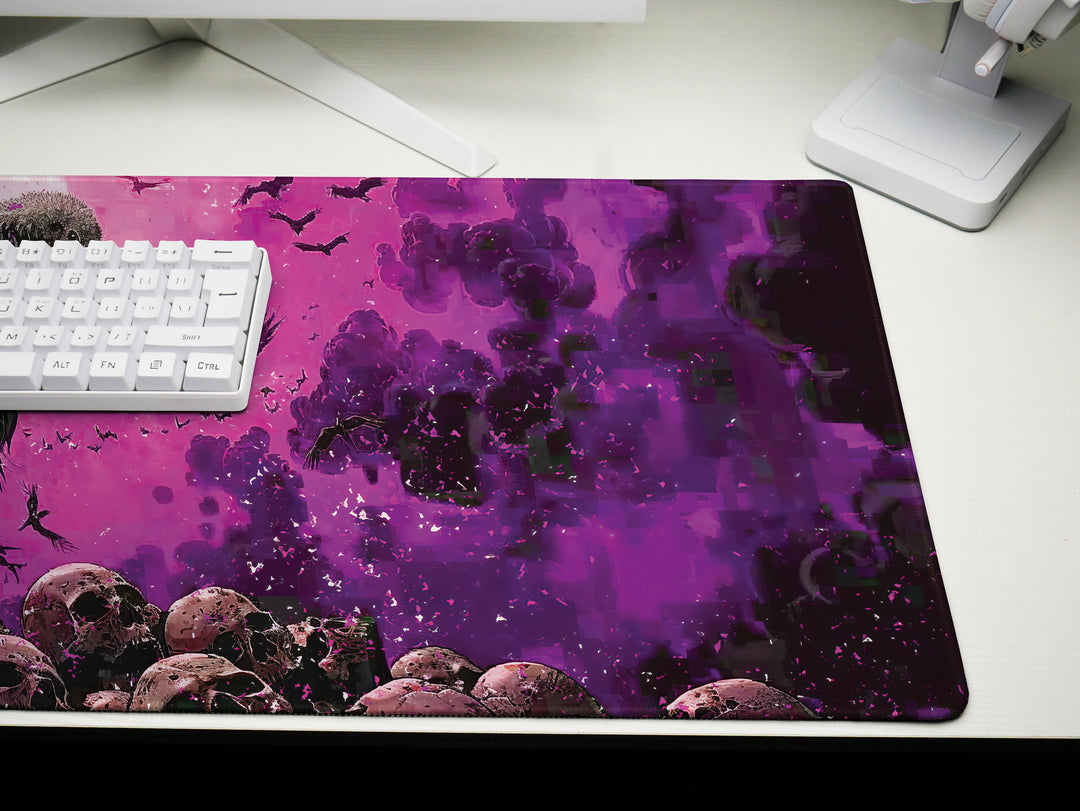 Violet Vanguard Design 1, Desk Pad, Majestic Vulture Amidst Skulls, Enigmatic Purple Atmosphere, Gamer's Battle Mat