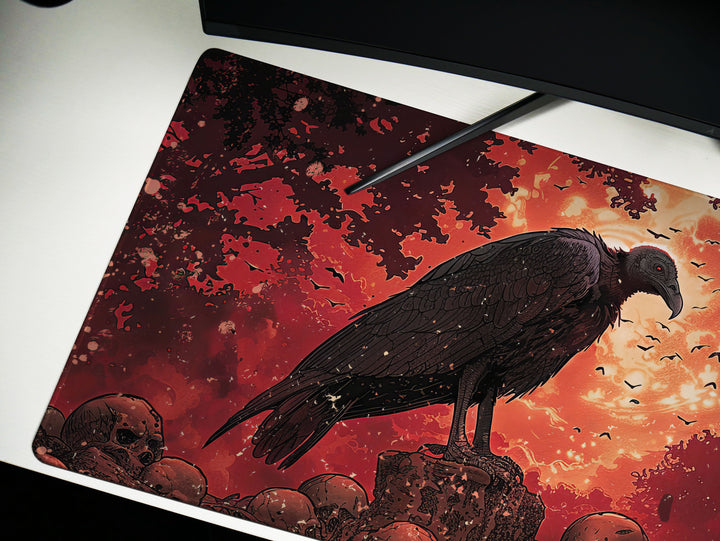 Scarlet Sentinel Design 3, Desk Pad, Ominous Vulture Perch, Fiery Skyline, Mythical Beasts Desk Mat