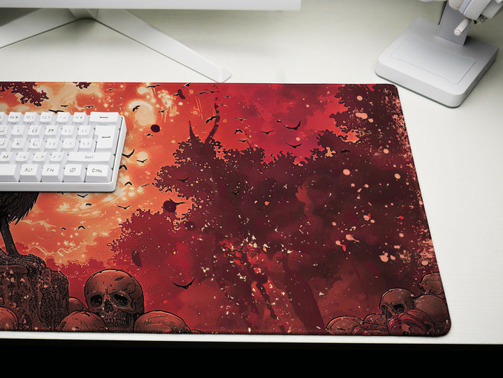 Scarlet Sentinel Design 3, Desk Pad, Ominous Vulture Perch, Fiery Skyline, Mythical Beasts Desk Mat