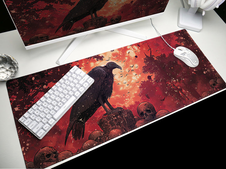 Scarlet Sentinel Design 3, Desk Pad, Ominous Vulture Perch, Fiery Skyline, Mythical Beasts Desk Mat