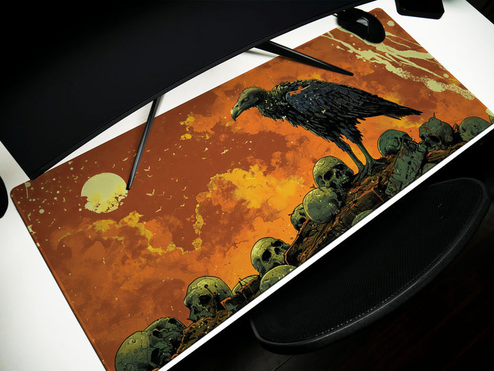 Amber Monarch Design 5, Desk Pad, Stoic Vulture Vigil, Lava-like Landscape, Mythical Beasts Desk Mat